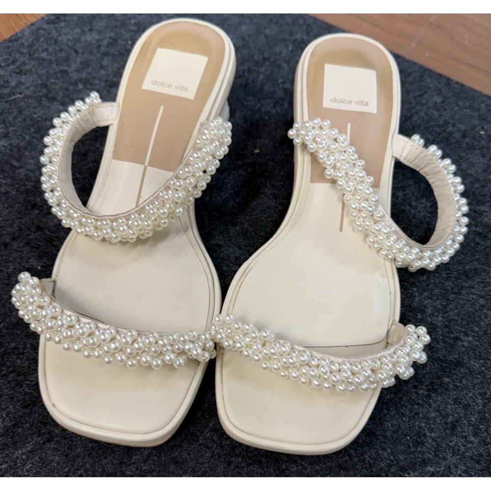 Dolce Vita Womens Boni Pearl Slip-On Sandal Vanilla Stella Comfort Kitten Heel 7
